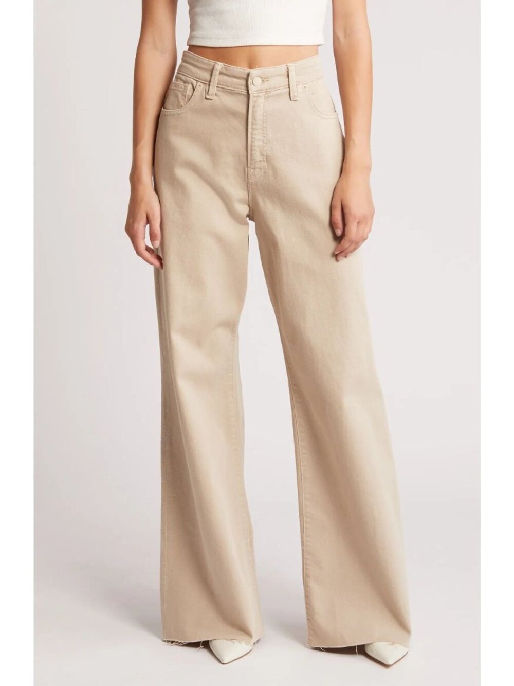 Good American Good Ease Relaxed Wide-Leg Jeans Sz 8/29 Sandy Beige Raw Hem Cuffs